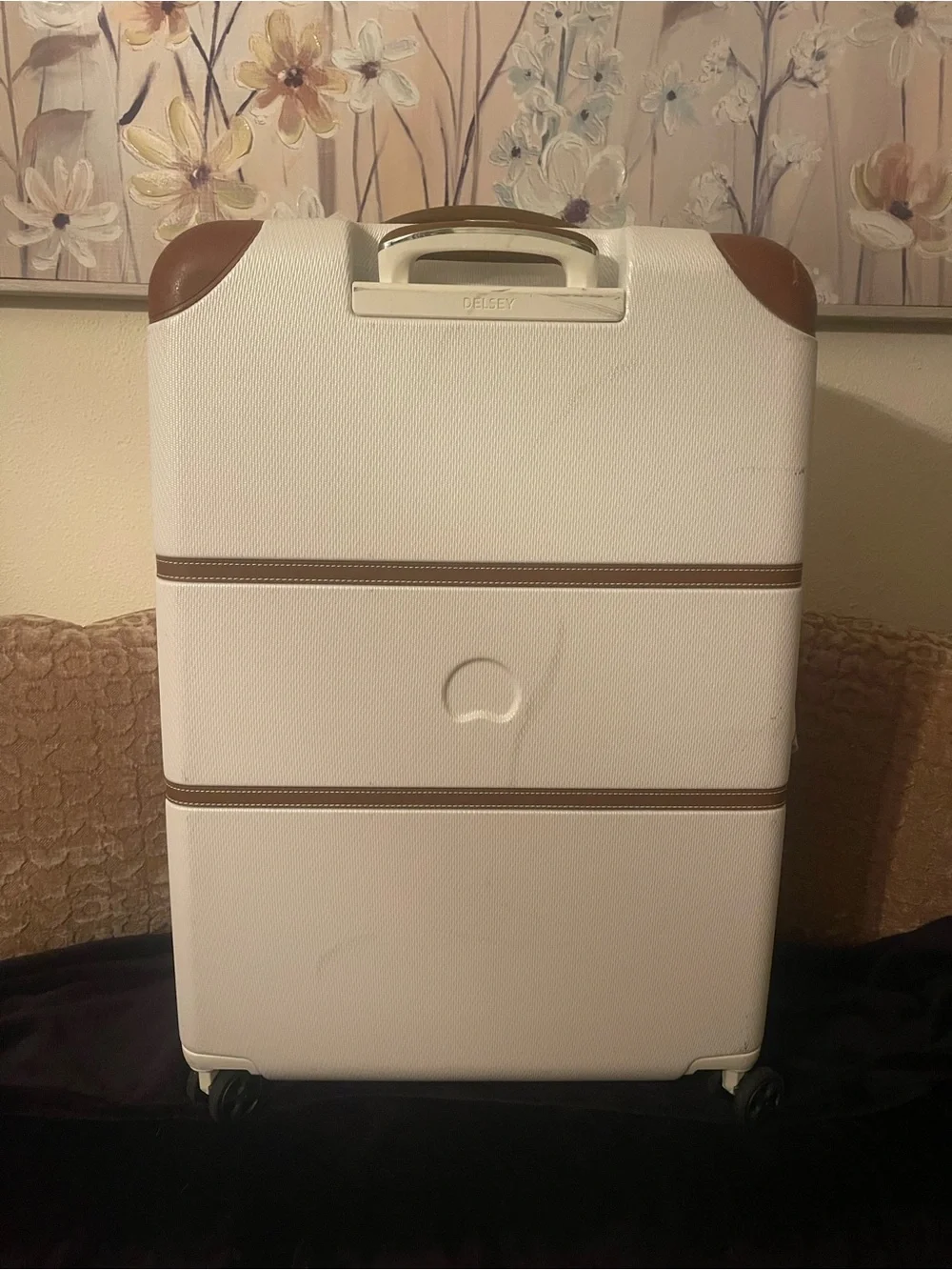 else White Hardside Spinner Luggage with Brown Trim
